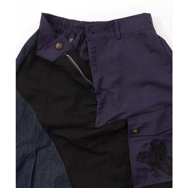 蝶鍵モチーフ刺繍 ナイロン×デニム切替配色スカート | ScoLar | 詳細画像13 