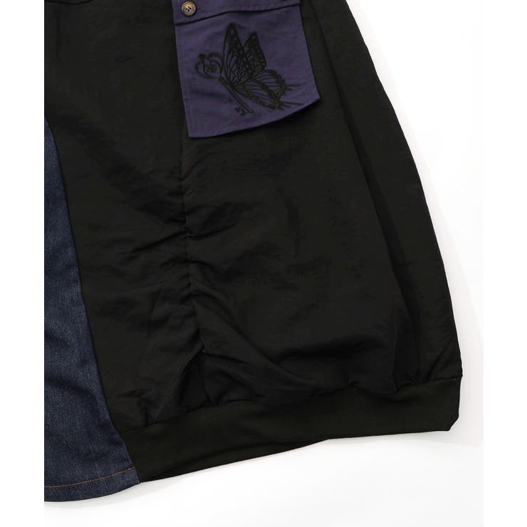 蝶鍵モチーフ刺繍 ナイロン×デニム切替配色スカート | ScoLar | 詳細画像15 