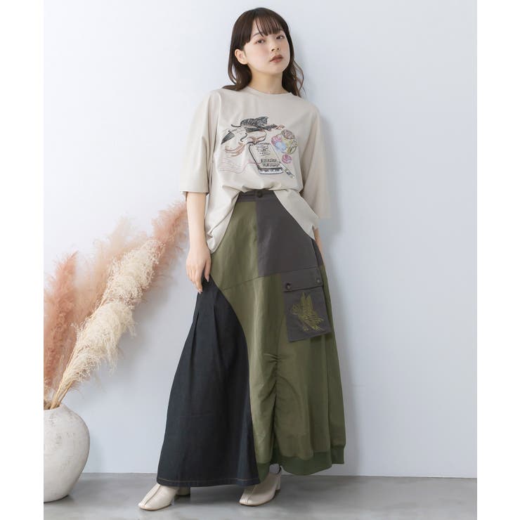 蝶鍵モチーフ刺繍 ナイロン×デニム切替配色スカート | ScoLar | 詳細画像1 