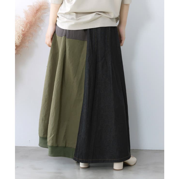 蝶鍵モチーフ刺繍 ナイロン×デニム切替配色スカート | ScoLar | 詳細画像4 