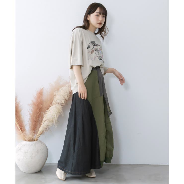 蝶鍵モチーフ刺繍 ナイロン×デニム切替配色スカート | ScoLar | 詳細画像5 