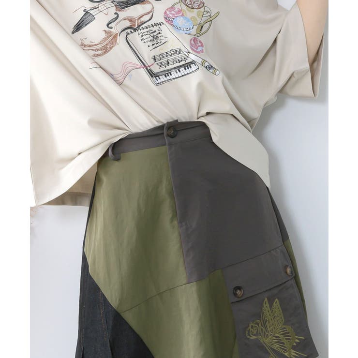 蝶鍵モチーフ刺繍 ナイロン×デニム切替配色スカート | ScoLar | 詳細画像6 