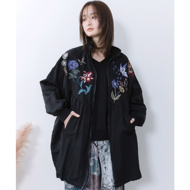 ブラック | リボン×花刺繍ドルマンスリーブブルゾン | ScoLar