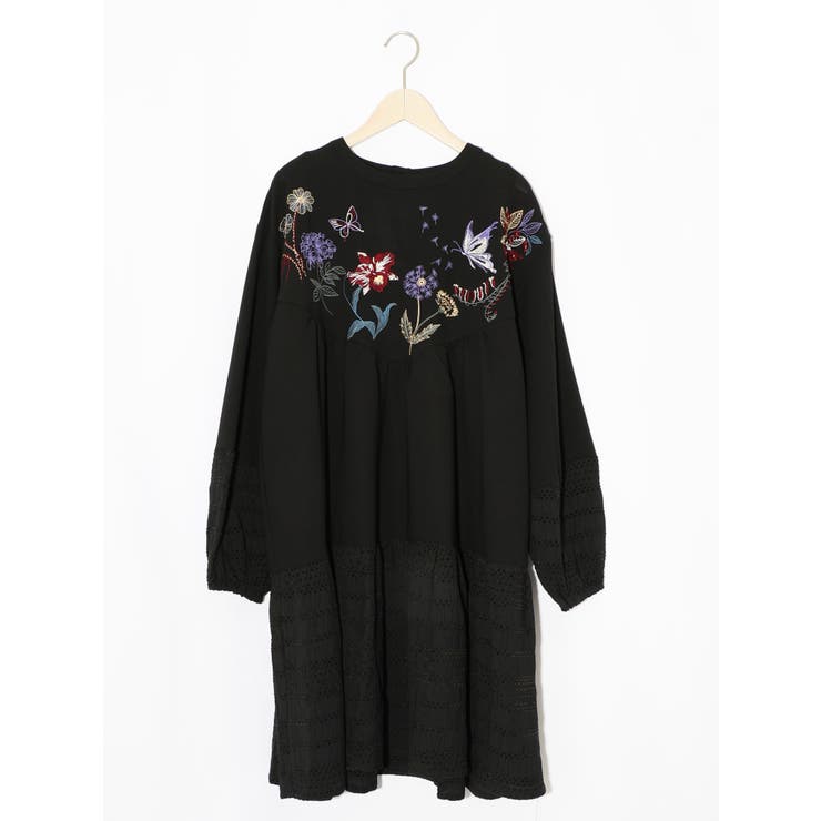 花蝶刺繍シャーリング生地ティアード風ワンピース | ScoLar | 詳細画像10 