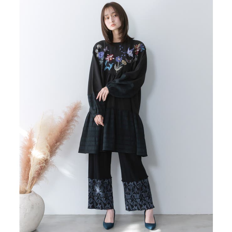 花蝶刺繍シャーリング生地ティアード風ワンピース | ScoLar | 詳細画像2 