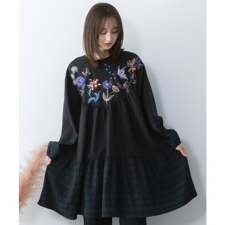 花蝶刺繍シャーリング生地ティアード風ワンピース | ScoLar | 詳細画像3 