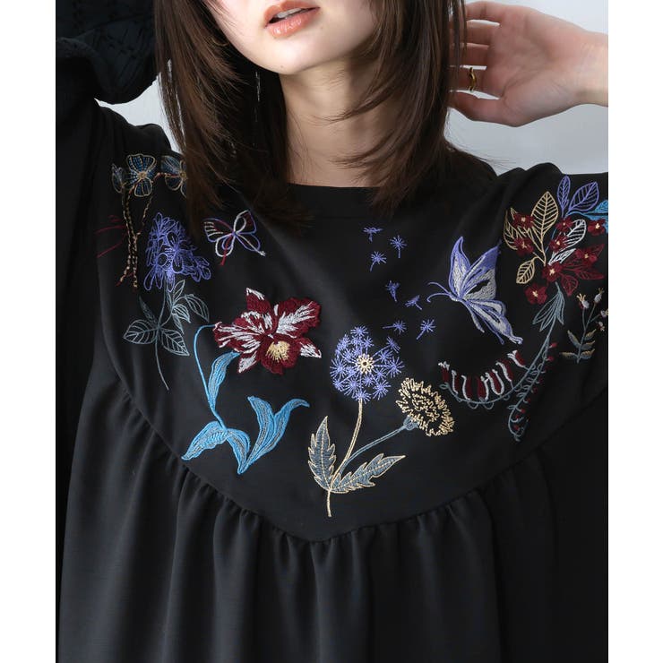 花蝶刺繍シャーリング生地ティアード風ワンピース | ScoLar | 詳細画像6 