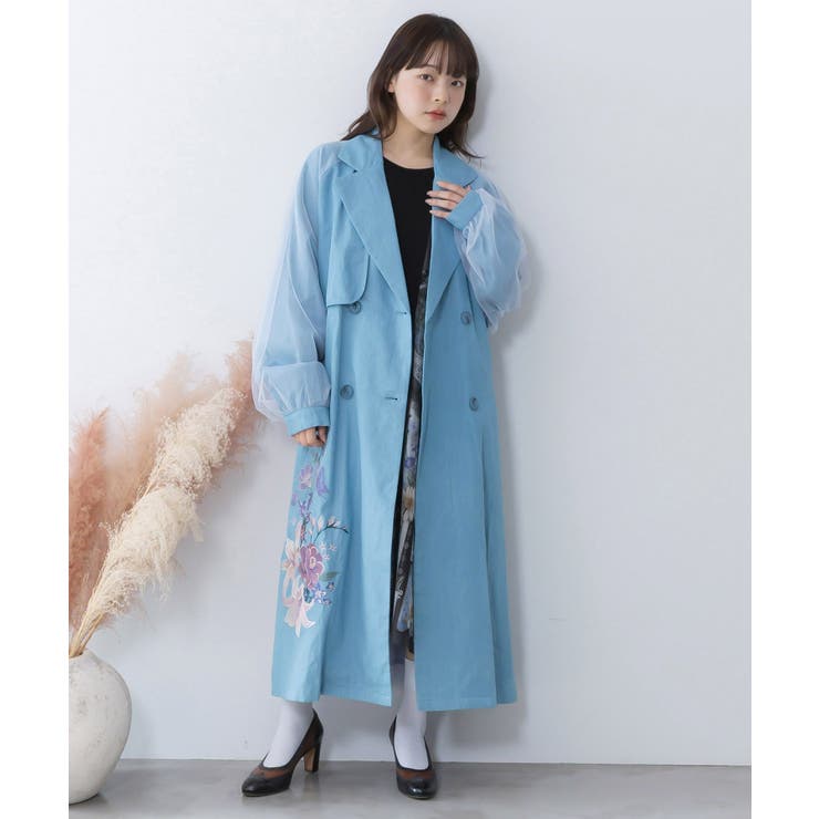 サックス | チュール重ね花刺繍ロングコート | ScoLar