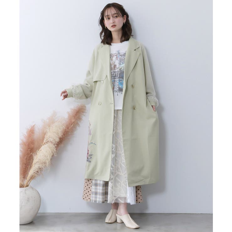 グリーン | チュール重ね花刺繍ロングコート | ScoLar
