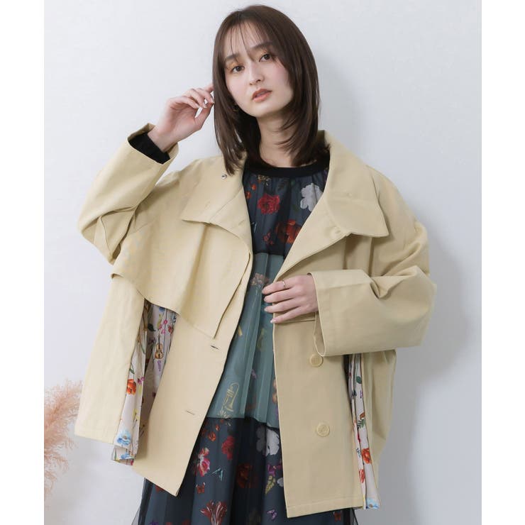 ベージュ | クラシカル柄プリーツ×ツイルトレンチ風コート | ScoLar