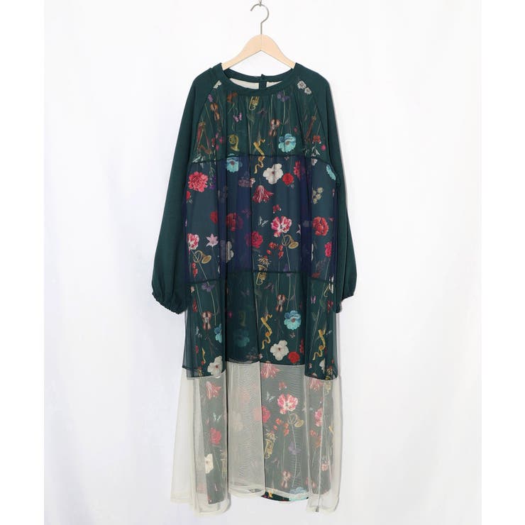 グリーン | クラシカル花柄チュール重ねワンピース | ScoLar