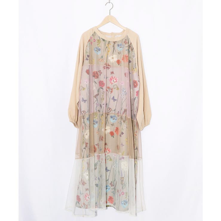 ベージュ | クラシカル花柄チュール重ねワンピース | ScoLar