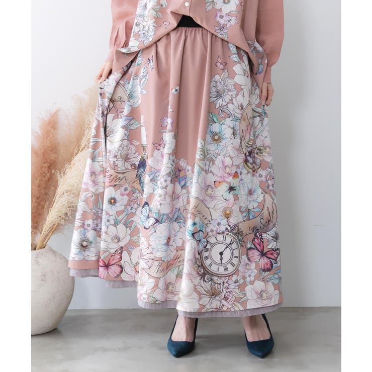 ピンク | 花柄布帛×ラメ入りストライプ柄 リバーシブルスカート | ScoLar