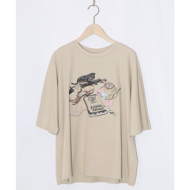 ネコ×作曲刺繍ポンチ生地半袖Tシャツ | ScoLar | 詳細画像7 