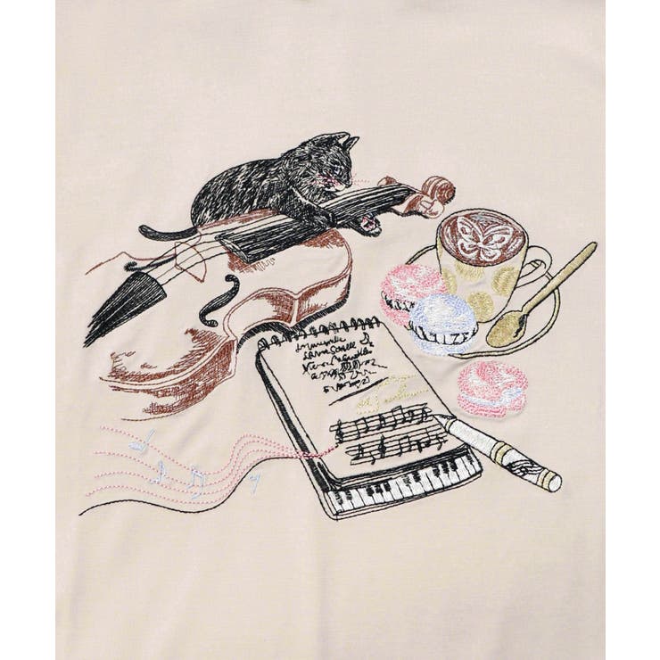 ネコ×作曲刺繍ポンチ生地半袖Tシャツ | ScoLar | 詳細画像8 