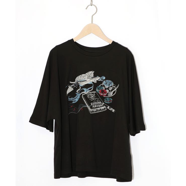 ブラック | ネコ×作曲刺繍ポンチ生地半袖Tシャツ | ScoLar
