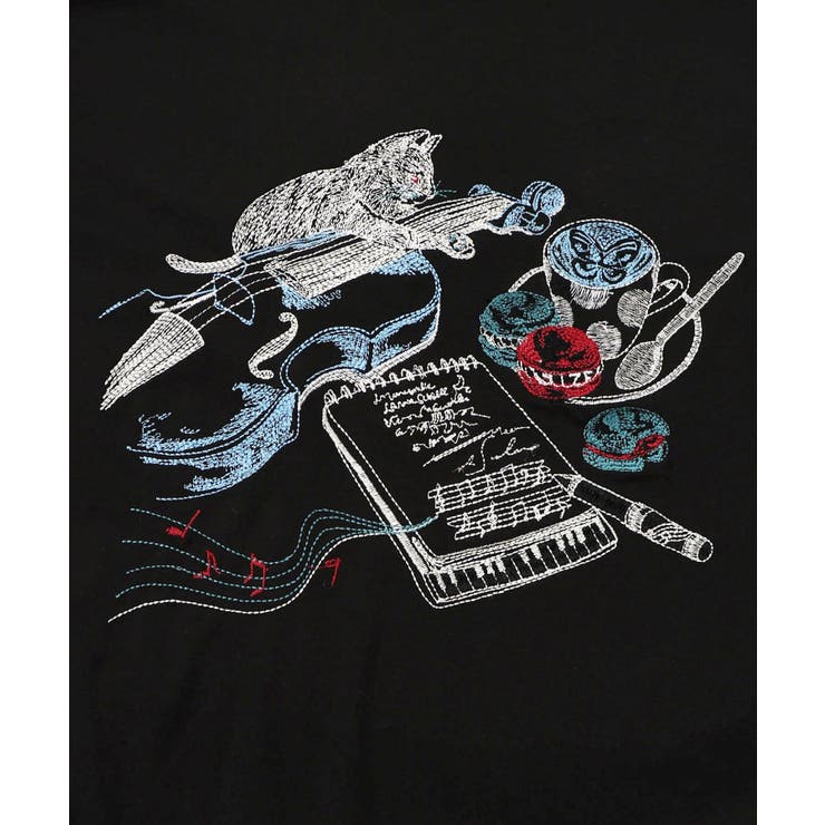 ネコ×作曲刺繍ポンチ生地半袖Tシャツ | ScoLar | 詳細画像9 