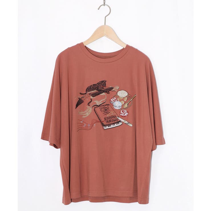 ピンク | ネコ×作曲刺繍ポンチ生地半袖Tシャツ | ScoLar