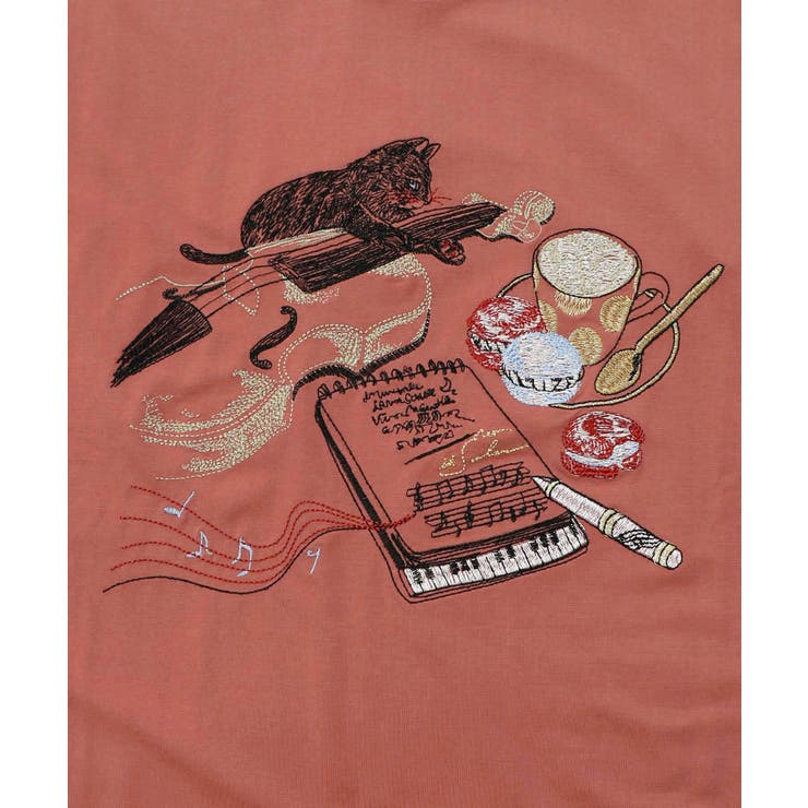 ネコ×作曲刺繍ポンチ生地半袖Tシャツ | ScoLar | 詳細画像10 