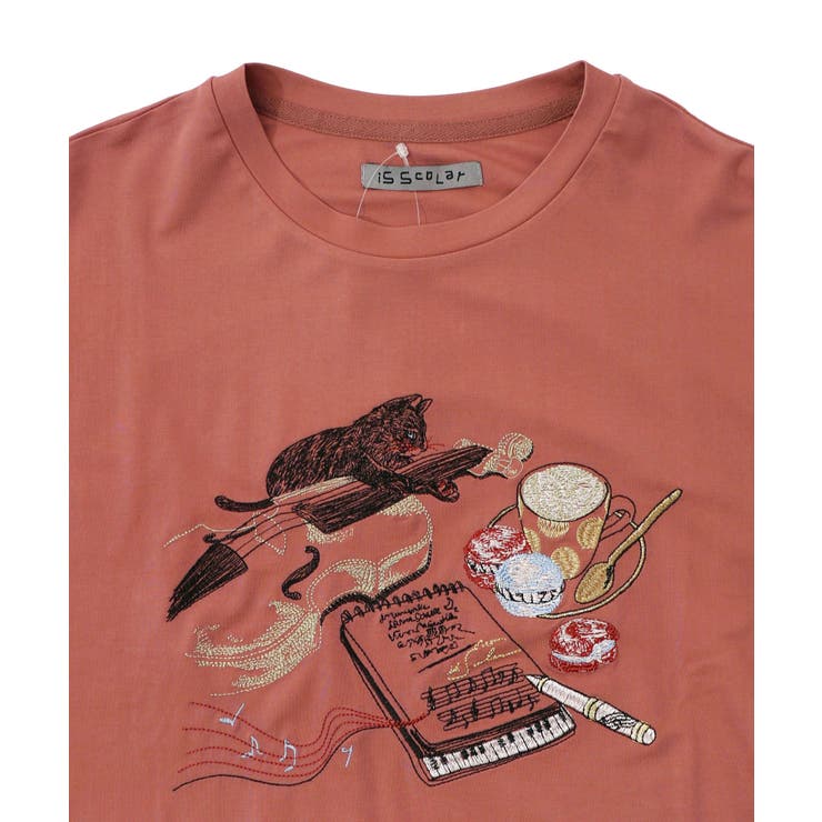 ネコ×作曲刺繍ポンチ生地半袖Tシャツ | ScoLar | 詳細画像11 