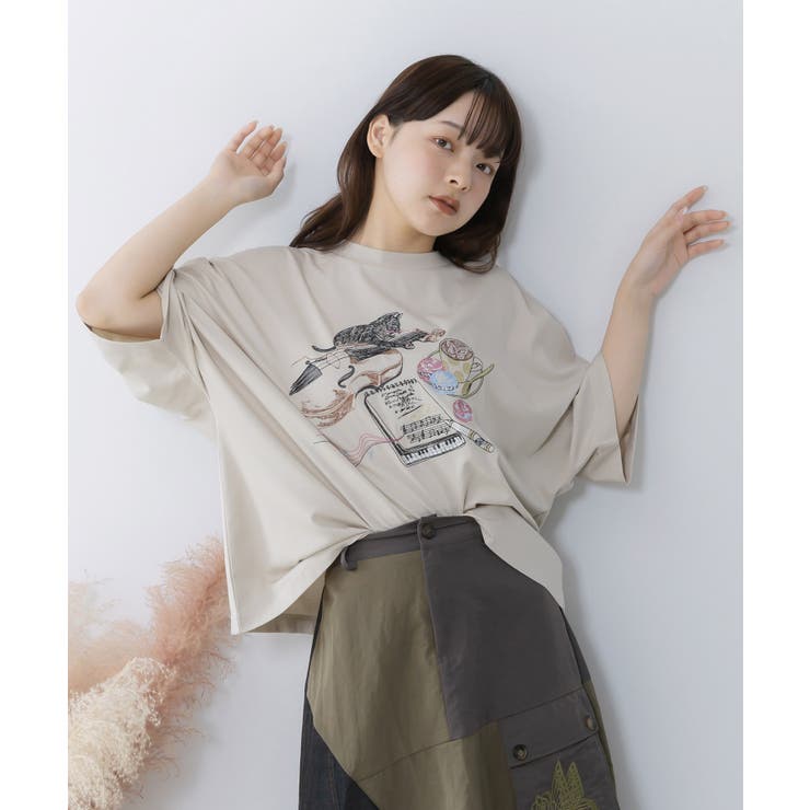 ネコ×作曲刺繍ポンチ生地半袖Tシャツ | ScoLar | 詳細画像2 
