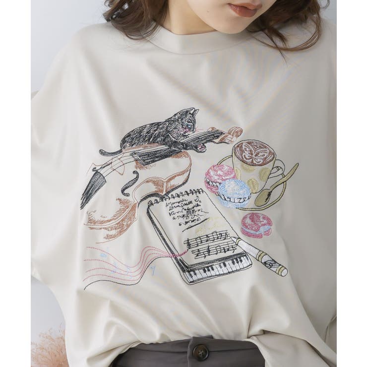 ネコ×作曲刺繍ポンチ生地半袖Tシャツ | ScoLar | 詳細画像6 