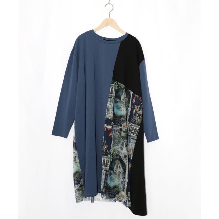 ネイビー | アンティークプリント柄切替ワンピース | ScoLar