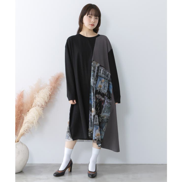 ブラック | アンティークプリント柄切替ワンピース | ScoLar