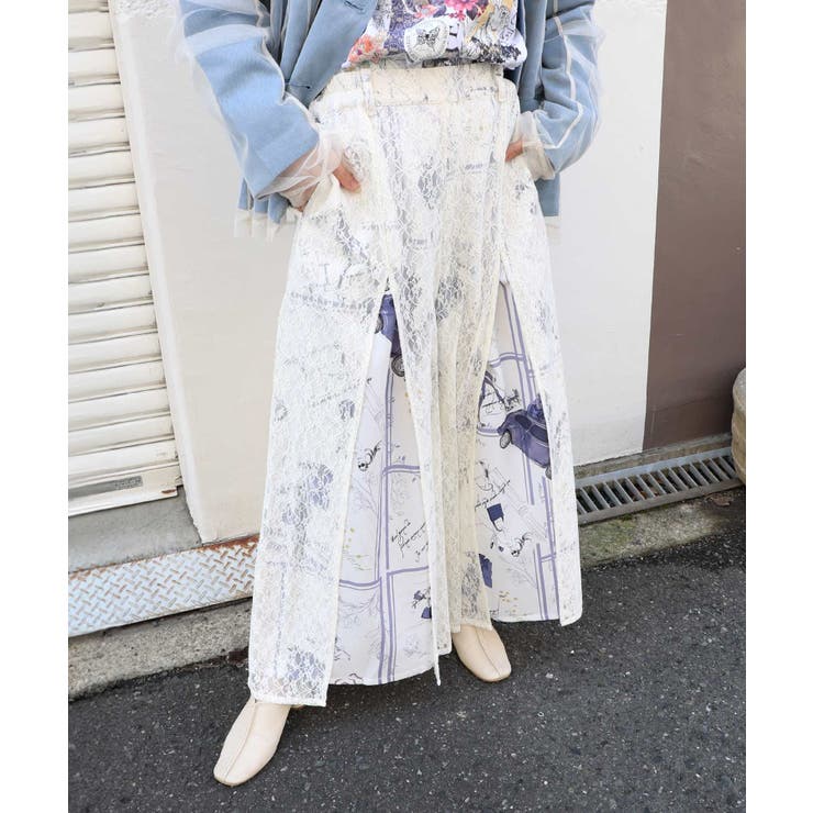 アイボリー | スリット入り刺繍レース重ね アンティーク柄パンツ | ScoLar
