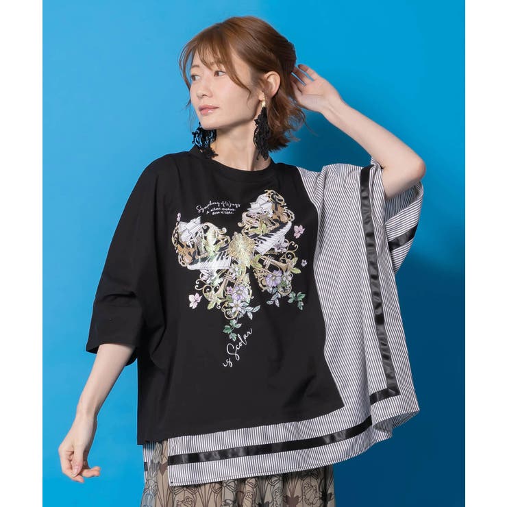 ブラック | ラメ入りアンティーク柄アシメ異素材切替PO | ScoLar