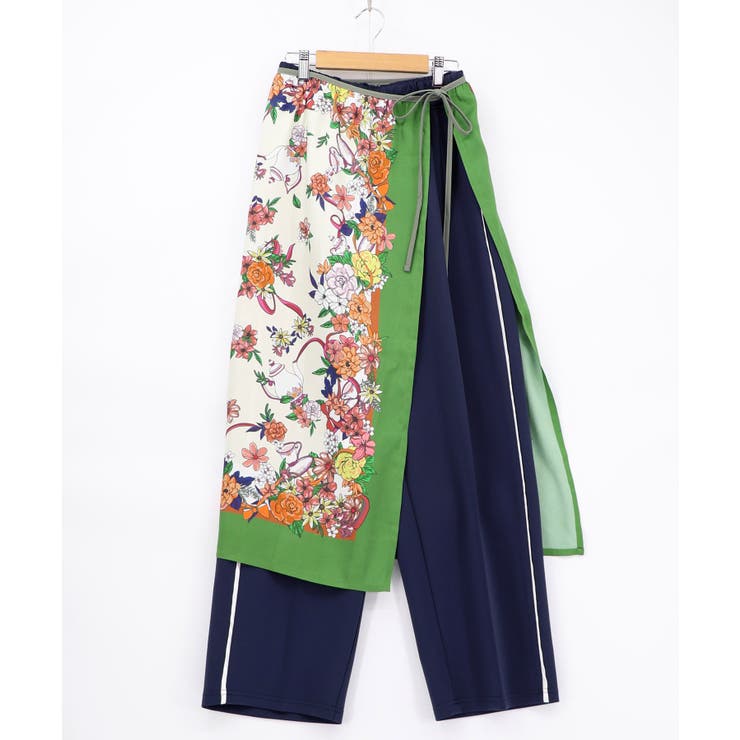 ネイビー | スカーフ柄巻きスカート付きパンツ | ScoLar