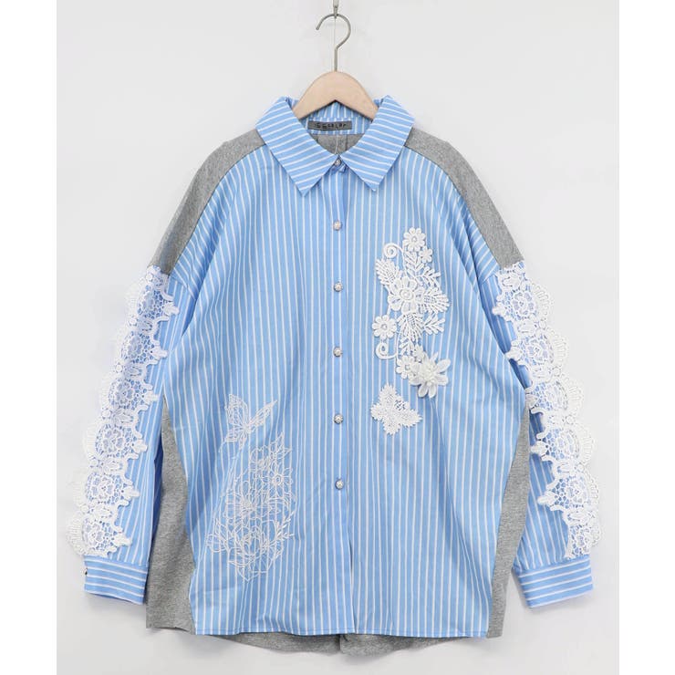 サックス | 花蝶刺繍レース×ストライプ柄配色シャツ | ScoLar