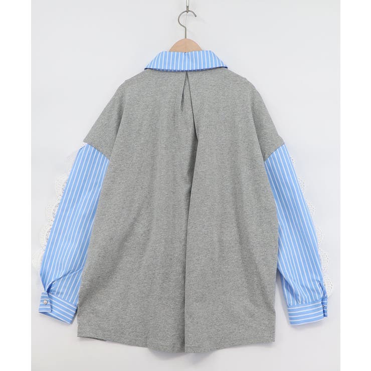 花蝶刺繍レース×ストライプ柄配色シャツ | ScoLar | 詳細画像3 