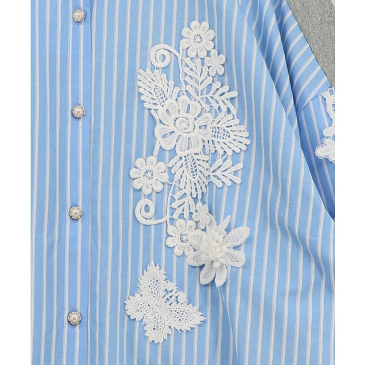 花蝶刺繍レース×ストライプ柄配色シャツ | ScoLar | 詳細画像4 