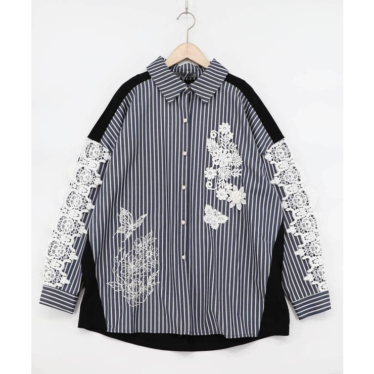 花蝶刺繍レース×ストライプ柄配色シャツ | ScoLar | 詳細画像5 