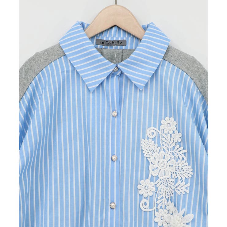 花蝶刺繍レース×ストライプ柄配色シャツ | ScoLar | 詳細画像8 