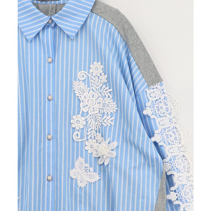 花蝶刺繍レース×ストライプ柄配色シャツ | ScoLar | 詳細画像9 