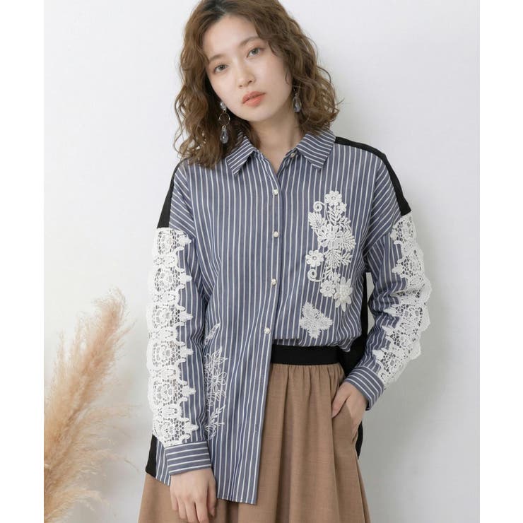 ネイビー | 花蝶刺繍レース×ストライプ柄配色シャツ | ScoLar