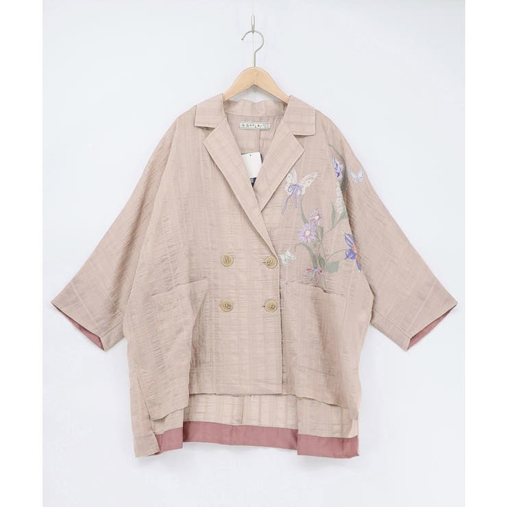 ベージュ | シアージャガード花蝶刺繍配色ジャケット | ScoLar