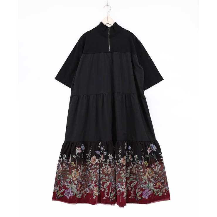 ブラック | ジャージ風グラデーション裾花チュールフレアワンピース | ScoLar