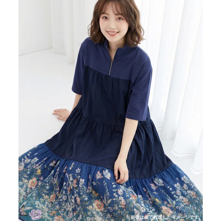 ジャージ風グラデーション裾花チュールフレアワンピース | ScoLar | 詳細画像1 