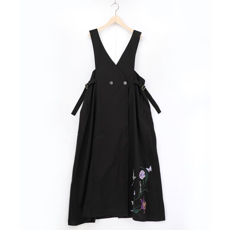 ブラック | 花蝶刺繍トレンチ風ジャンパースカート | ScoLar