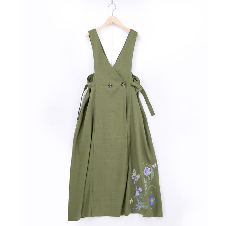 カーキ | 花蝶刺繍トレンチ風ジャンパースカート | ScoLar