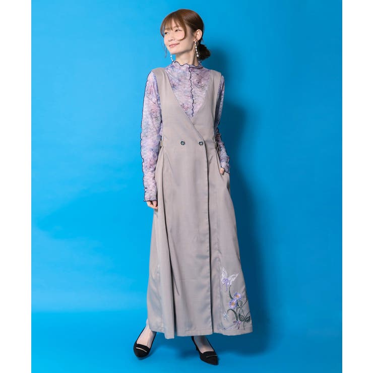 グレー | 花蝶刺繍トレンチ風ジャンパースカート | ScoLar