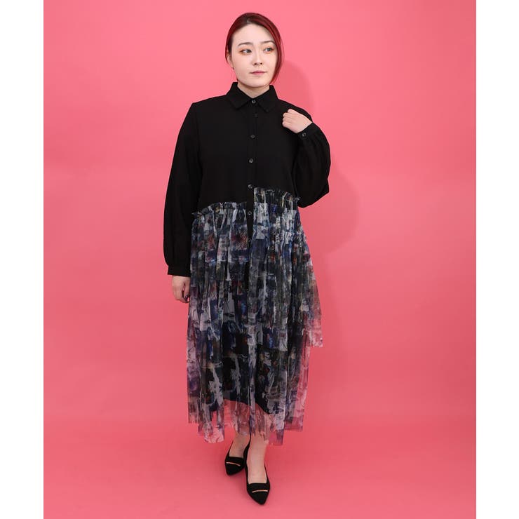 ブラック | 魔女の秘密柄チュール重ね異素材切替シャツワンピース | ScoLar