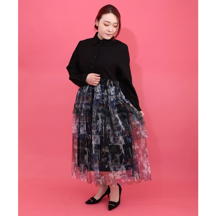 魔女の秘密柄チュール重ね異素材切替シャツワンピース | ScoLar | 詳細画像1 