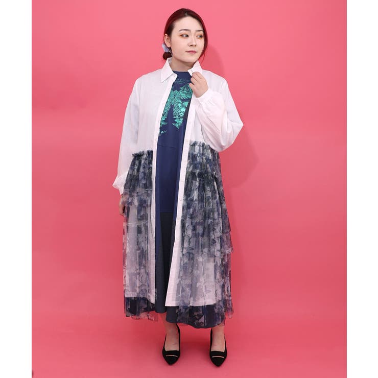 オフホワイト | 魔女の秘密柄チュール重ね異素材切替シャツワンピース | ScoLar