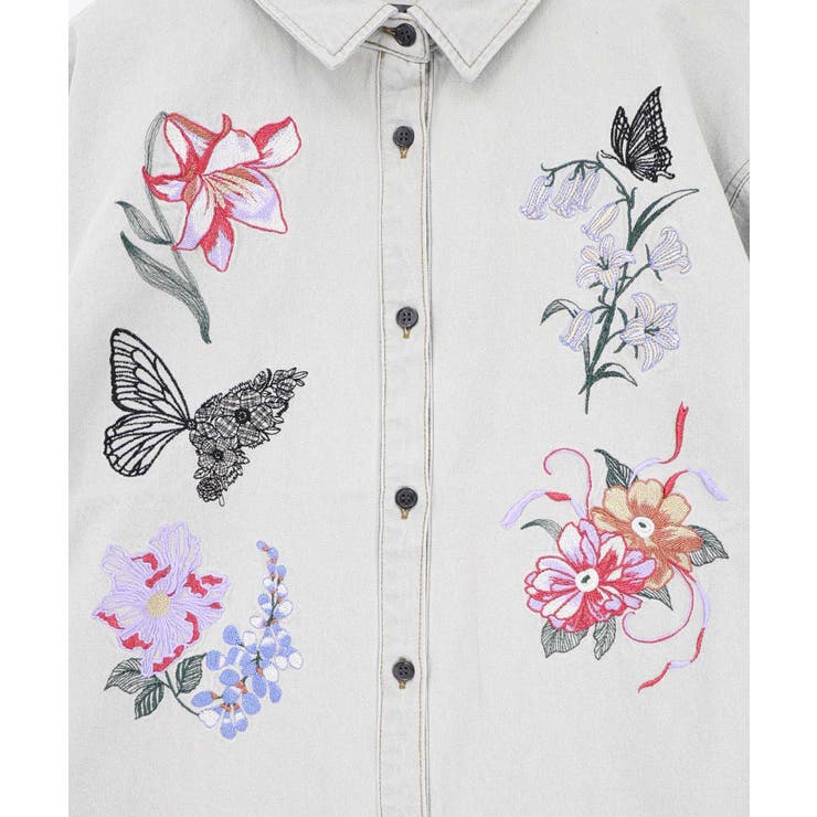 花蝶刺繍すそフリンジ入りデニムシャツ | ScoLar | 詳細画像12 