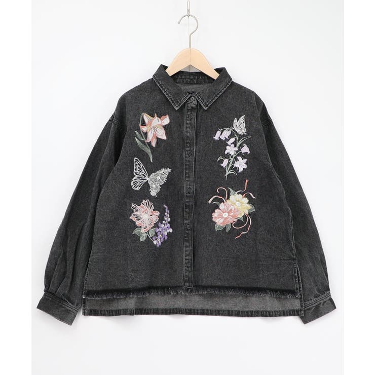 ブラック | 花蝶刺繍すそフリンジ入りデニムシャツ | ScoLar