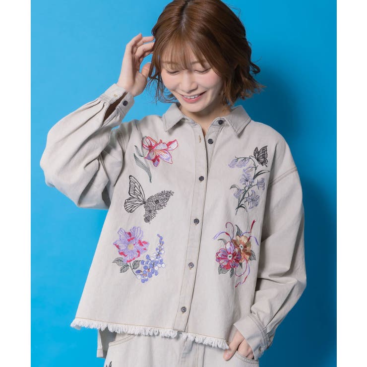 花蝶刺繍すそフリンジ入りデニムシャツ | ScoLar | 詳細画像6 